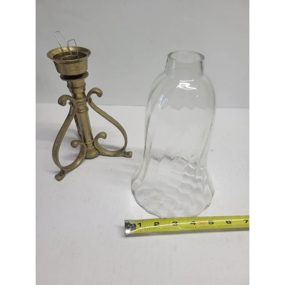 Vintage Brass Hurricane‎ Candle Holder Scroll Tripod Base Scalloped Glass Shade